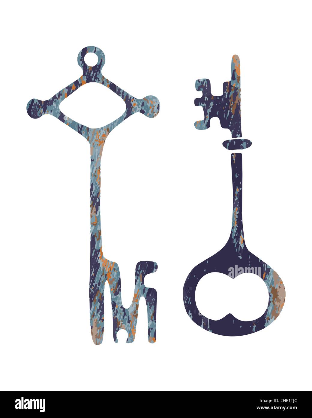 Vecchio set di chiavi vintage, isolato, sfondo bianco. Barbatella disegno a mano, tastatura. Illustrazione vettoriale Illustrazione Vettoriale