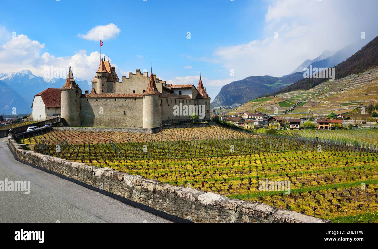 Vista panoramica sul castello di Aigle e sui vigneti delle Alpi svizzere, Vaud, Svizzera Foto Stock