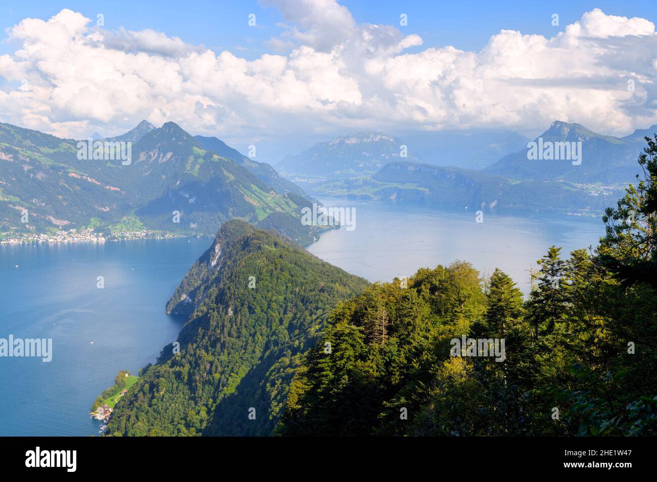 Vista sul lago di Lucerna nelle Alpi svizzere, in Svizzera, vista da Burgenstock a sud Foto Stock