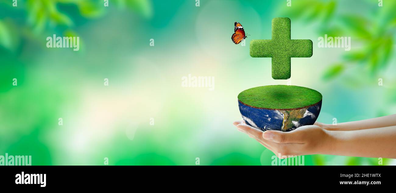 Mano umana che tiene Erba croce medica su mezzo mondo con erba su. Sfondo verde. Sanità, giornata mondiale della salute, giornata mondiale dell'ambiente. Foto Stock