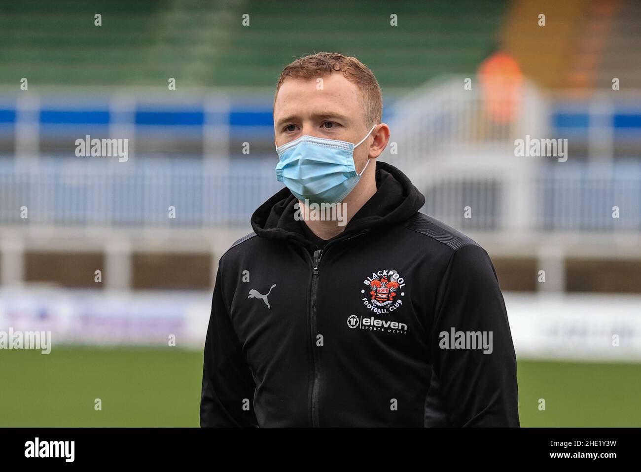 Hartlepool, Regno Unito. 08th Jan 2022. Shayne Levery #19 di Blackpool arriva al Suit Direct Stadium di Hartlepool, Regno Unito il 1/8/2022. (Foto di Mark Cosgrove/News Images/Sipa USA) Credit: Sipa USA/Alamy Live News Foto Stock