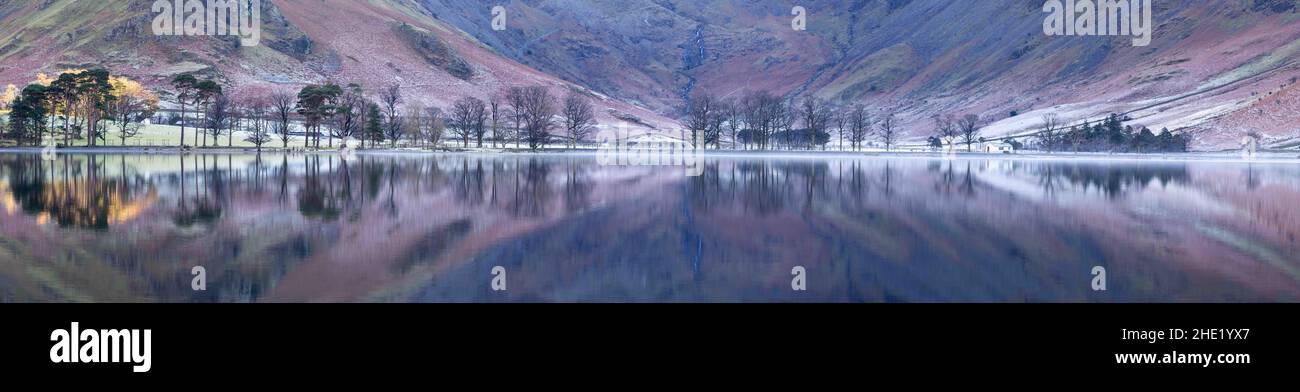 Alberi e riflessi di Buttermere nel Lake District inglese Foto Stock