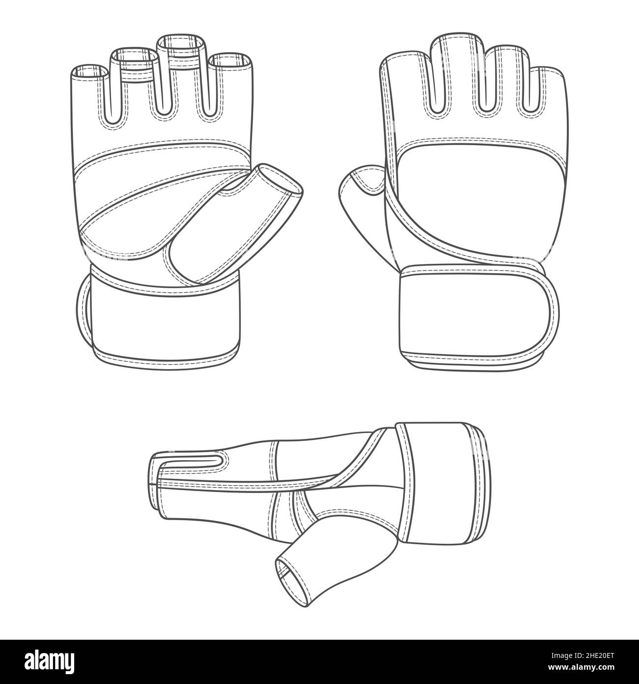 Set di illustrazioni in bianco e nero con l'immagine di guanti sportivi e da training. Oggetti vettoriali isolati su sfondo bianco. Illustrazione Vettoriale
