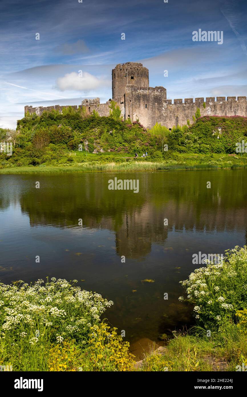 Regno Unito, Galles, Pembrokeshire, Pembroke, Castello di fronte a Mill Pond Foto Stock