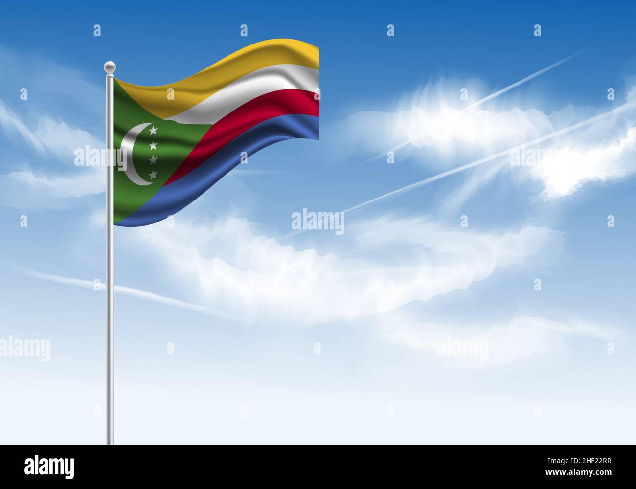 Bandiera delle Comore su un bastone, cielo chiaro sullo sfondo Foto Stock