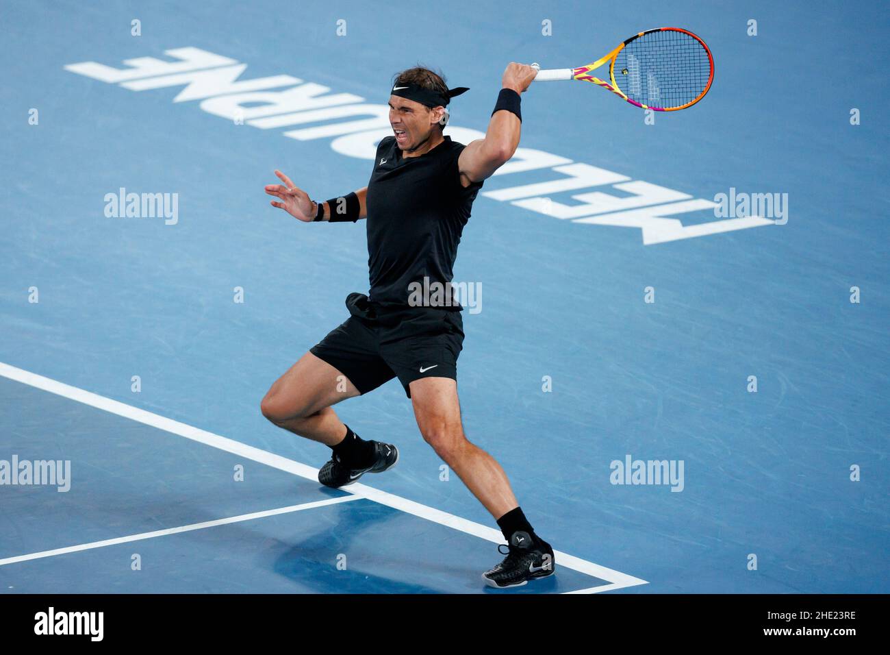 RAFAEL NADAL (ESP) in azione al Melbourne Summer 2022 ambientato sabato 2022 gennaio, Melbourne Park Foto Stock