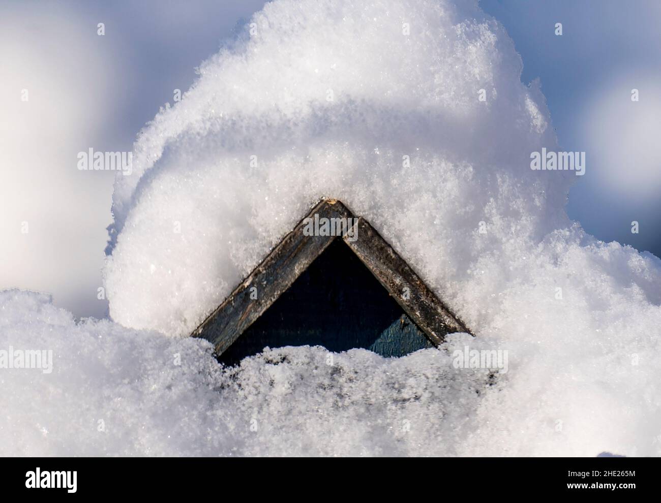 Una casa ornitologica coperta di neve Foto Stock