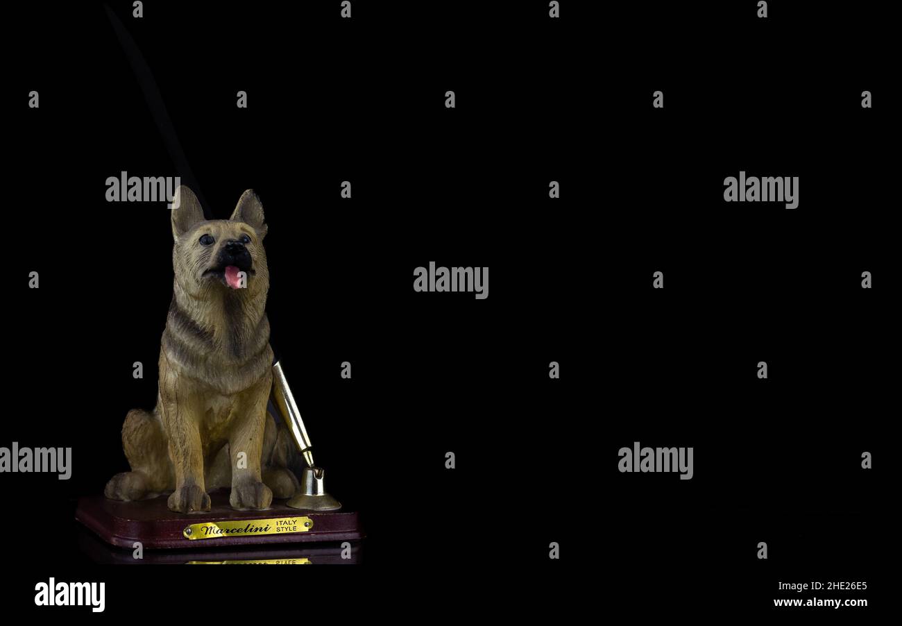 Primo piano di una statua del cane con sfondo nero Foto Stock
