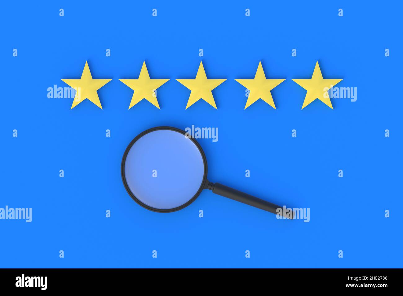 Stelle di valutazione e lente d'ingrandimento. Cercate un albergo, un ristorante di alto livello. Ricerca sulla qualità dell'alcol. Feedback su un'app, un filmato Foto Stock