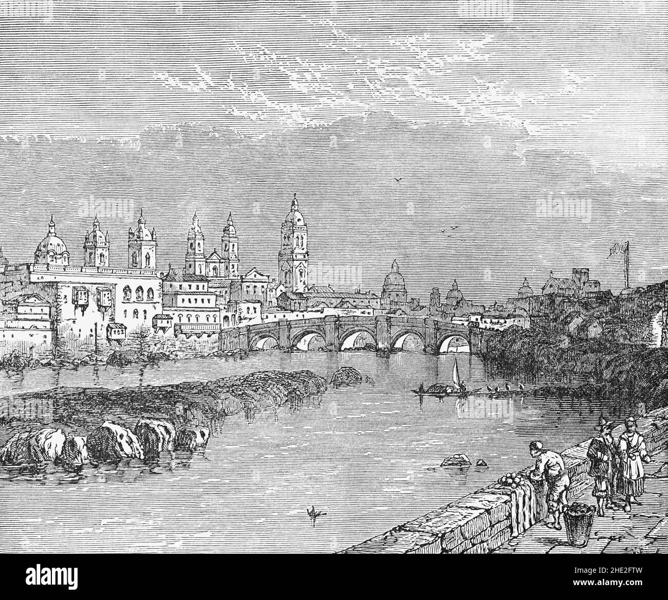 Un'illustrazione di fine 19th secolo di Lima situata nelle valli dei fiumi Chillón, Rímac e Lurín, nella zona desertica della parte costiera centrale del paese, con vista sull'Oceano Pacifico. Lima, chiamata dai nativi nella regione agricola conosciuta dai peruviani nativi come Limaq, divenne la capitale e la città più importante nel Vicereame del Perù. Dopo la guerra d'indipendenza peruviana, divenne la capitale della Repubblica del Perù (República del Perú). Foto Stock