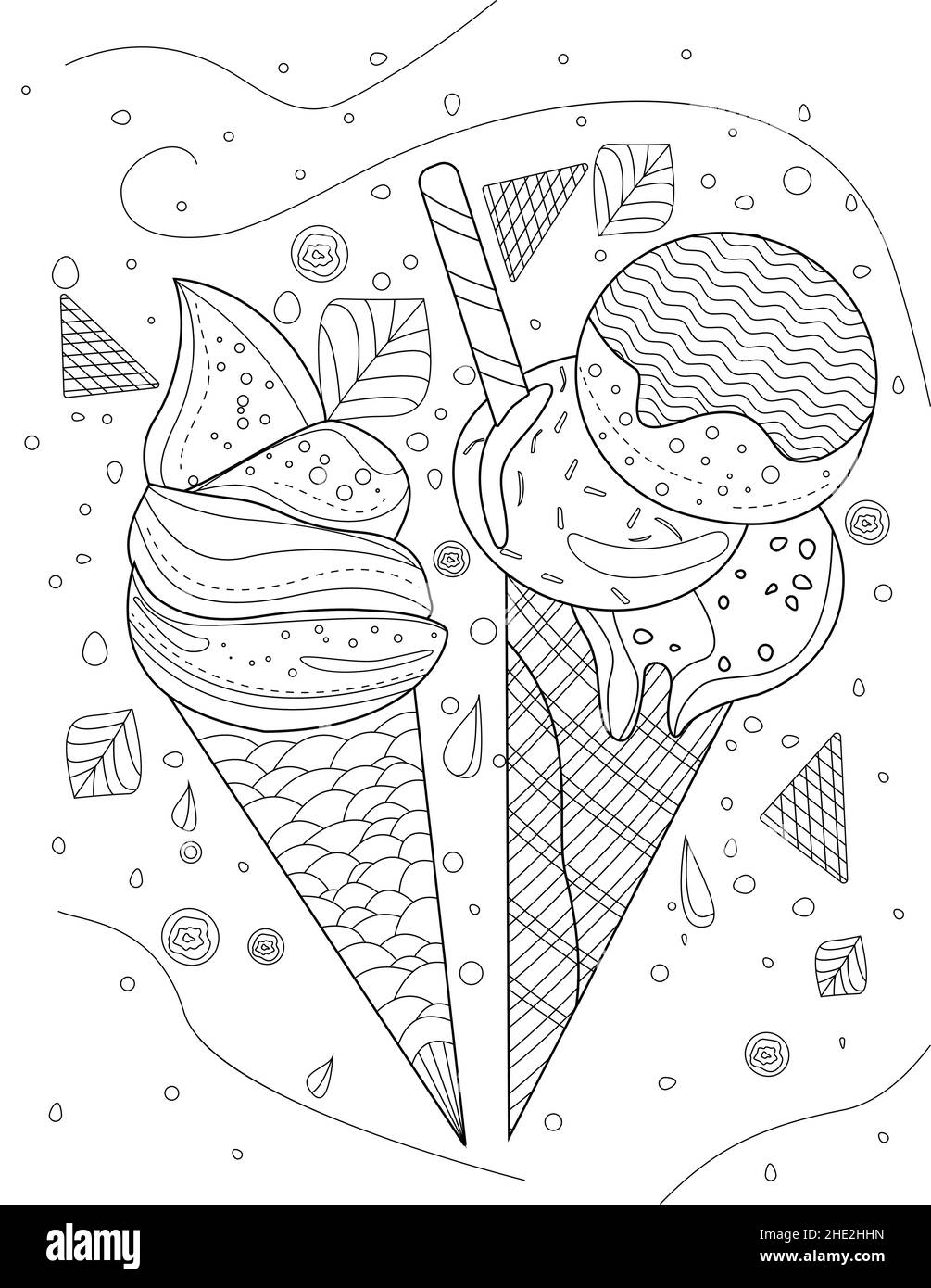 Due coni gelato con sfondo di Fost caduta e Chocolate Chips linea disegno libro colorante Illustrazione Vettoriale