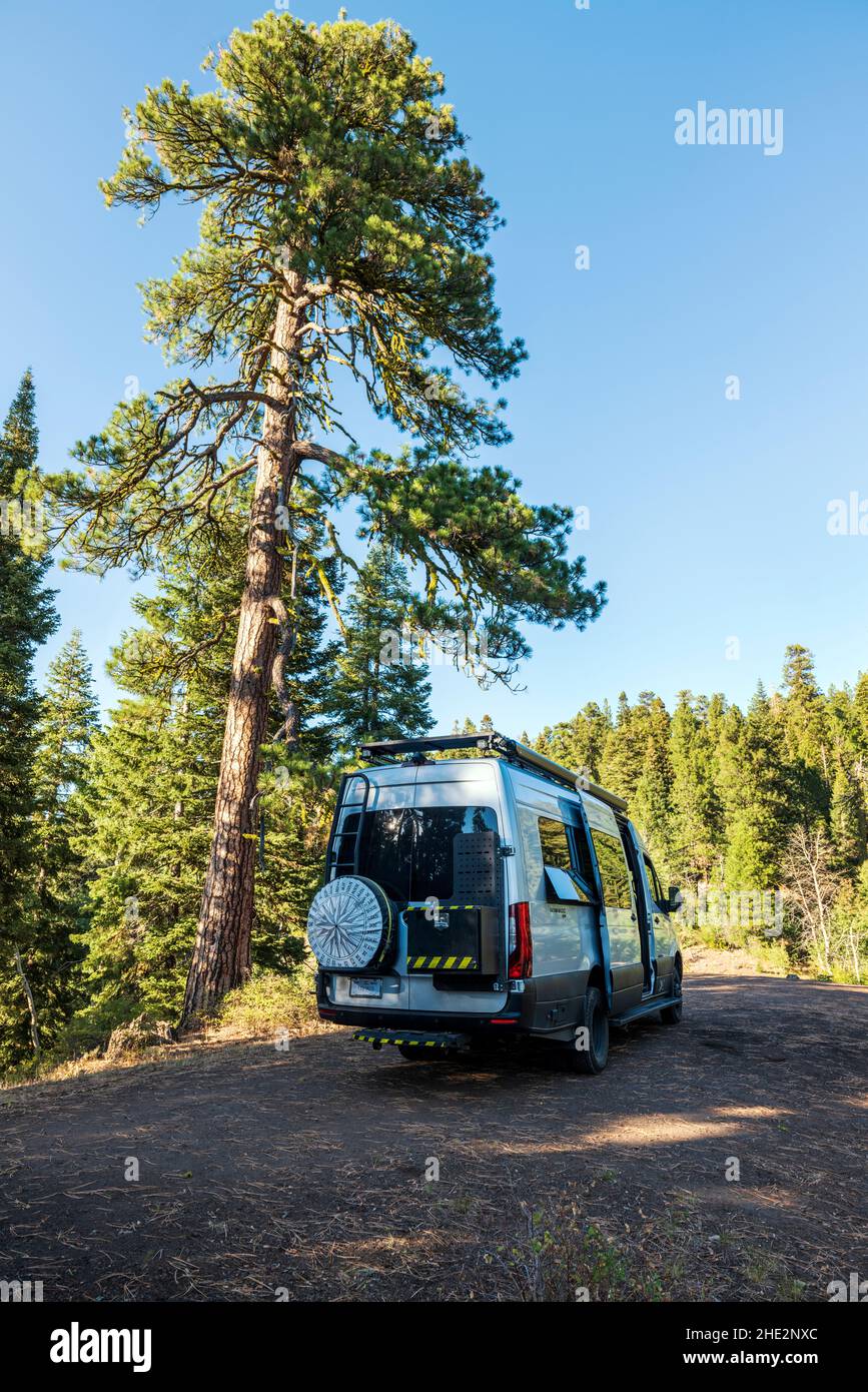 Airstream Interstate 24X camper; campeggio a pagamento; ormeggio; Camus Sno-Park; Foresta Nazionale; Vicino ad Adel; Oregon; USA Foto Stock