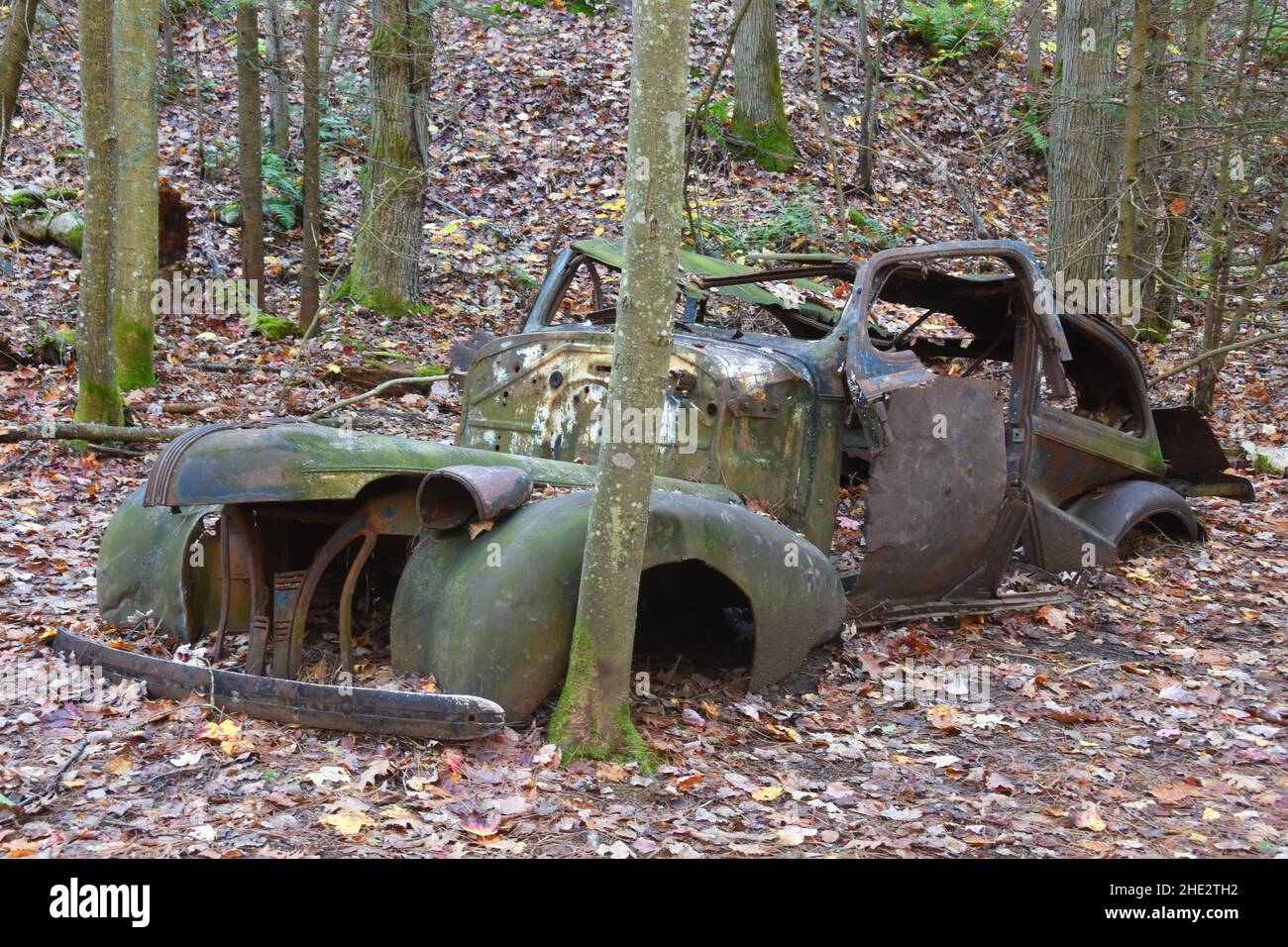 Scheletro auto dal passato nella foresta - Killarney, Ontario, Canada Foto Stock