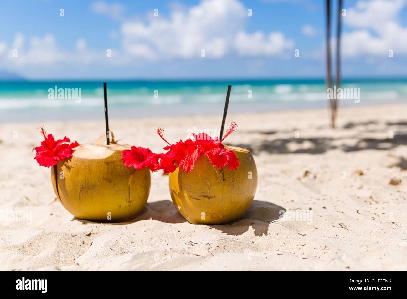 Due cocktail di cocco sulla spiaggia di sabbia bianca accanto al mare pulito con acqua blu. Vacanza e concetto di viaggio Foto Stock