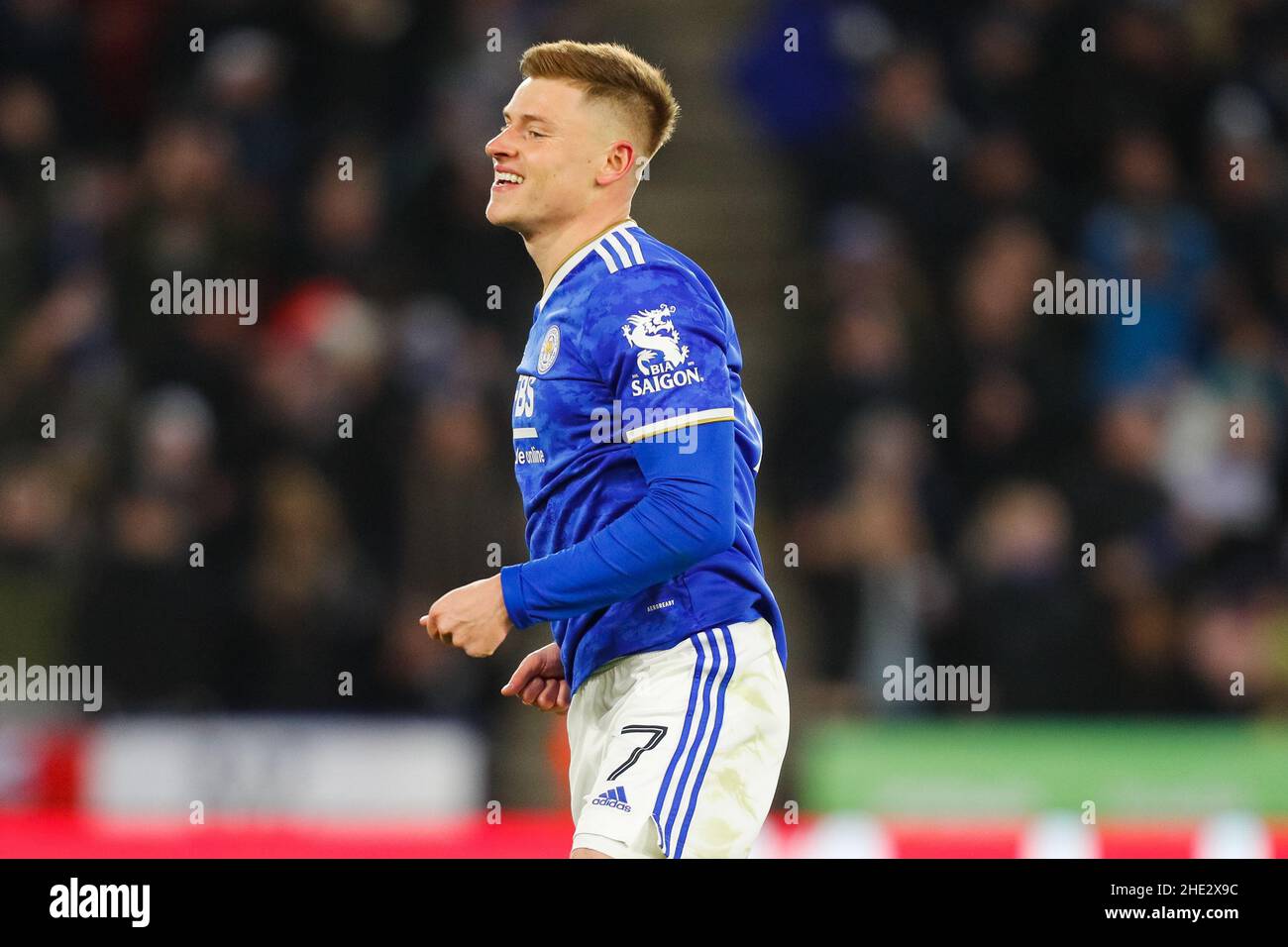 Leicester, Regno Unito. 8th gennaio 2022: King Power Stadium, Leicester, Leicestershire, Inghilterra; fa Cup 3rd round football, Leicester City Versus Watford; Harvey Barnes di Leicester City celebra il suo obiettivo dopo 54 minuti (3-1) credito: Action Plus Sports Images/Alamy Live News Foto Stock