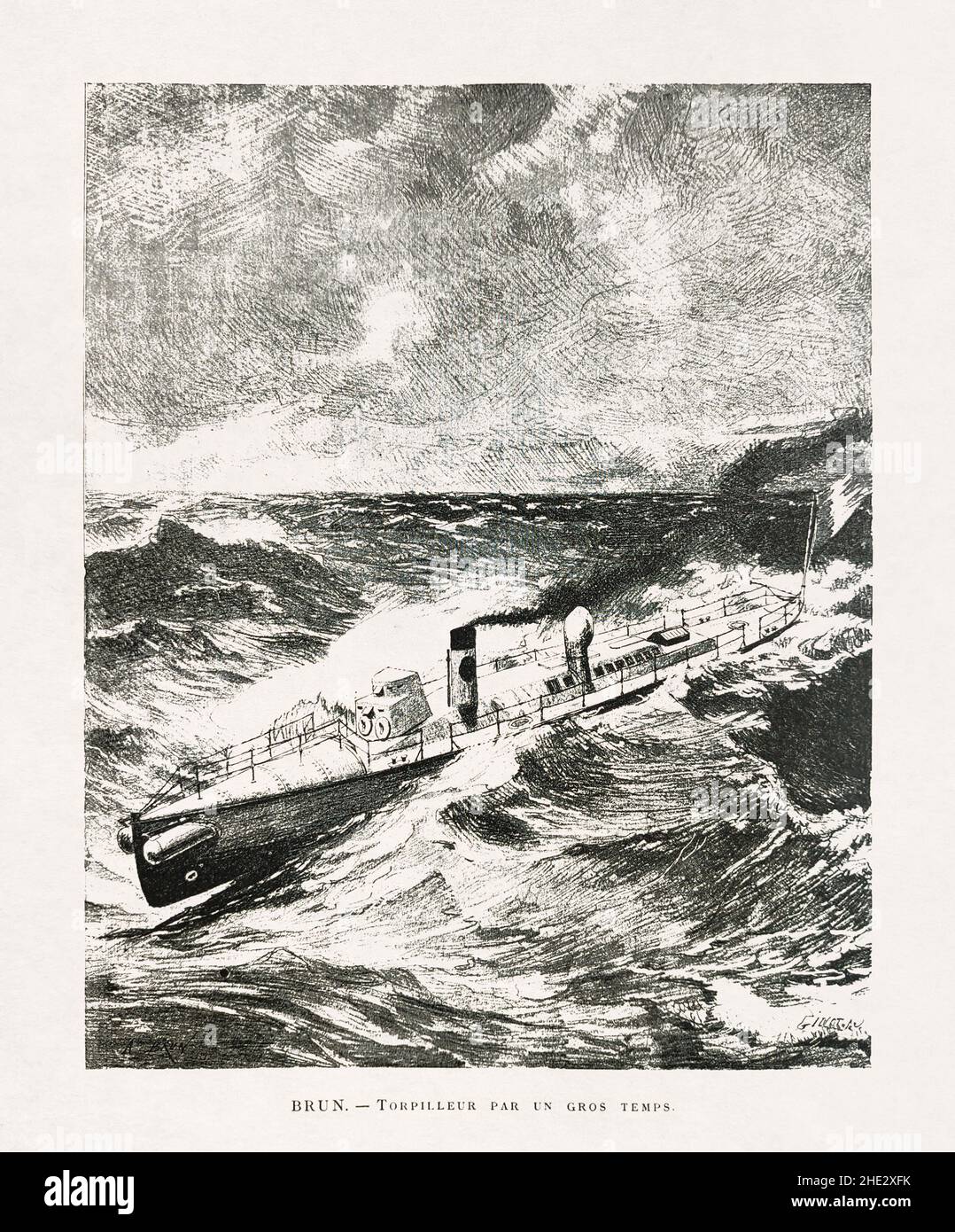 Illustrazione dal titolo 'Torpedo Boat in Heavy Weather' di Brun e inciso da Gillot pubblicato alla fine del 19th secolo nella rivista mensile 'Paris ILL Foto Stock