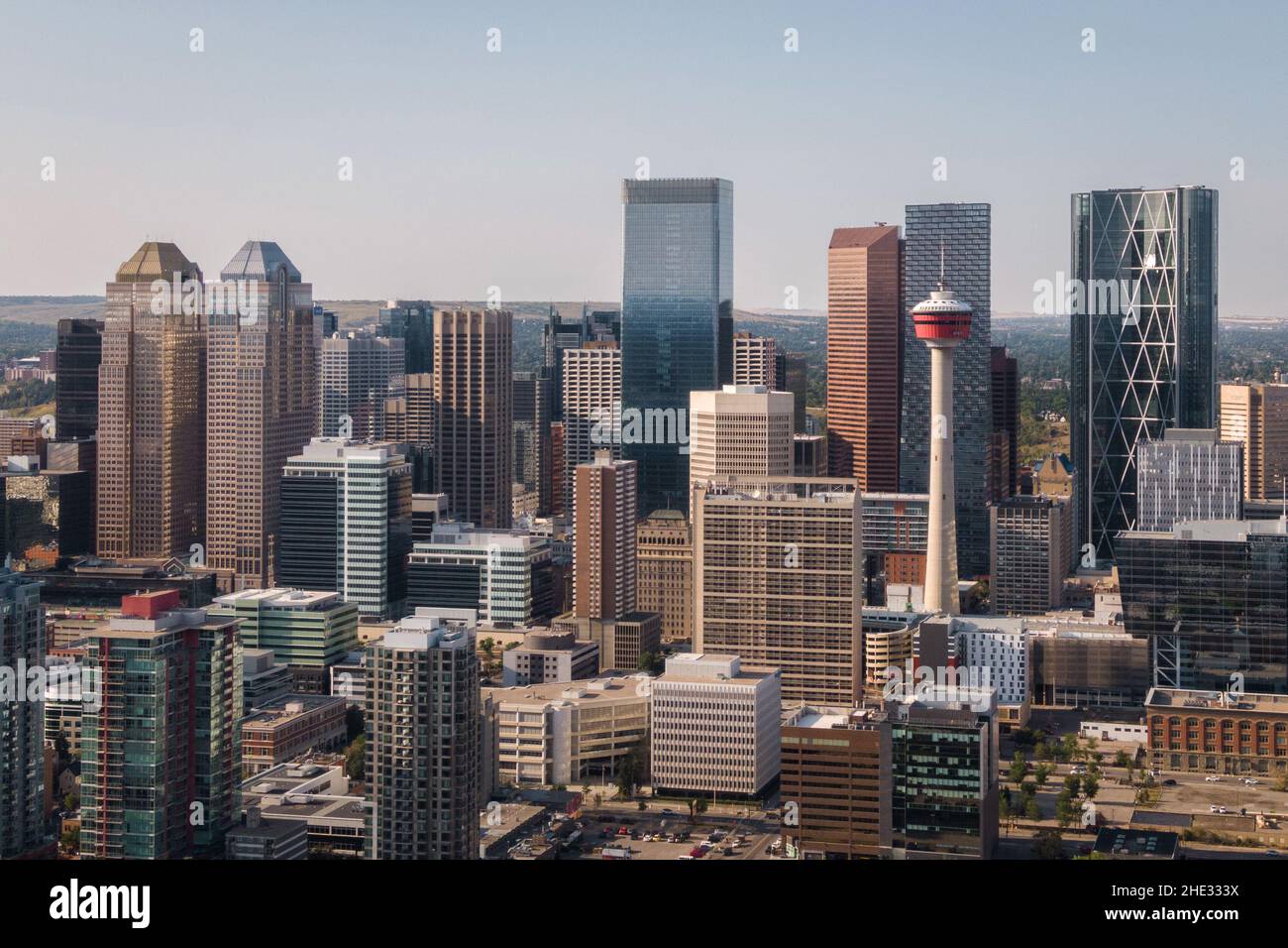 Vista aerea dei moderni grattacieli nel centro di Calgary, Alberta, Canada. Foto Stock