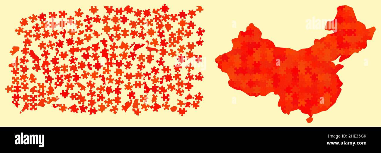 Cina forma mappa fatta di diverse tonalità rosso - colore nazionale - puzzle pezzi, 215 blocchi sparsi e versione finita Illustrazione Vettoriale