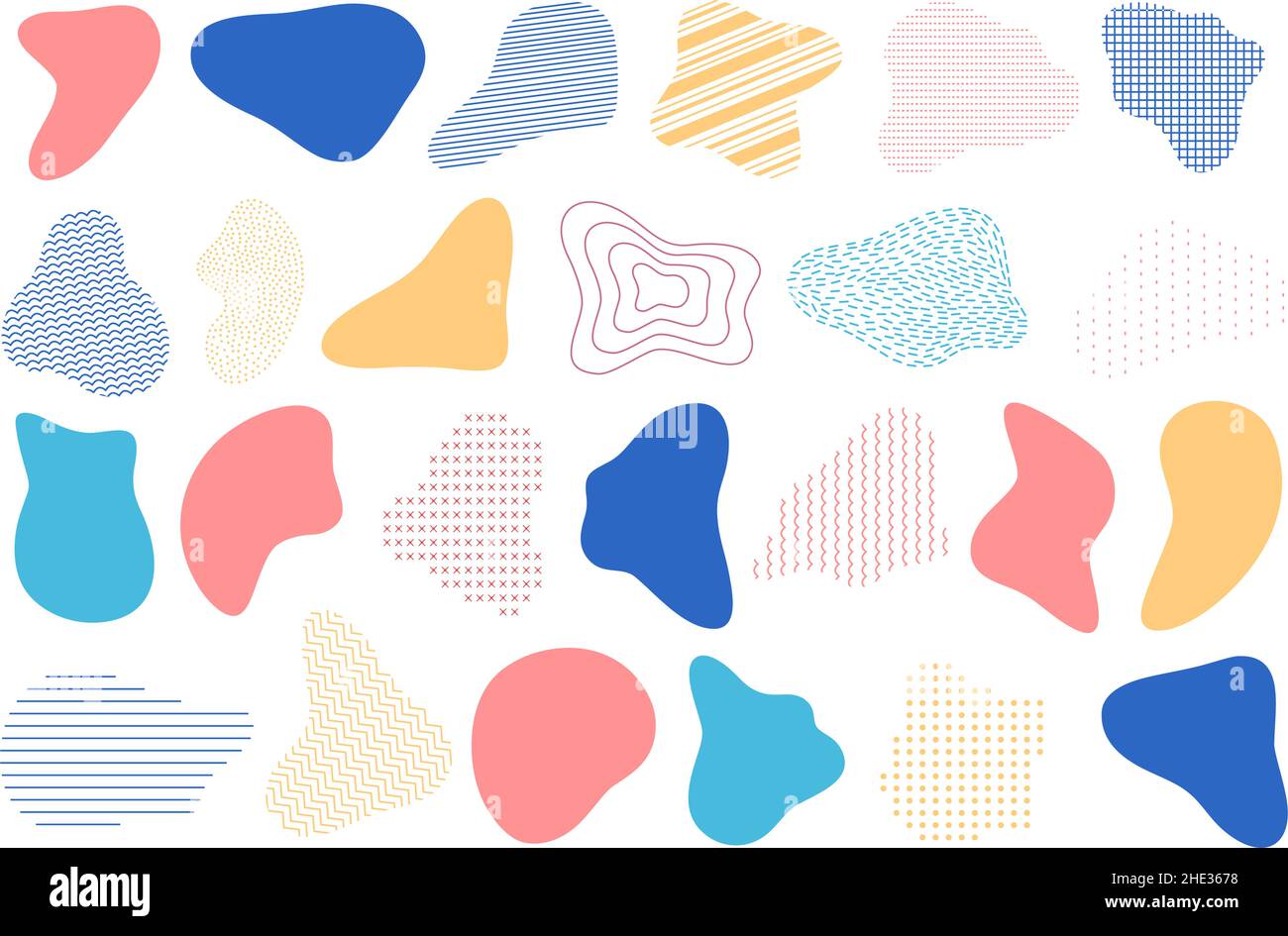 Forme fluide astratte, elementi grafici di design con motivi. Forme liquide dinamiche moderne. Macchie d'onda con set vettoriale di texture a linee e punti Illustrazione Vettoriale