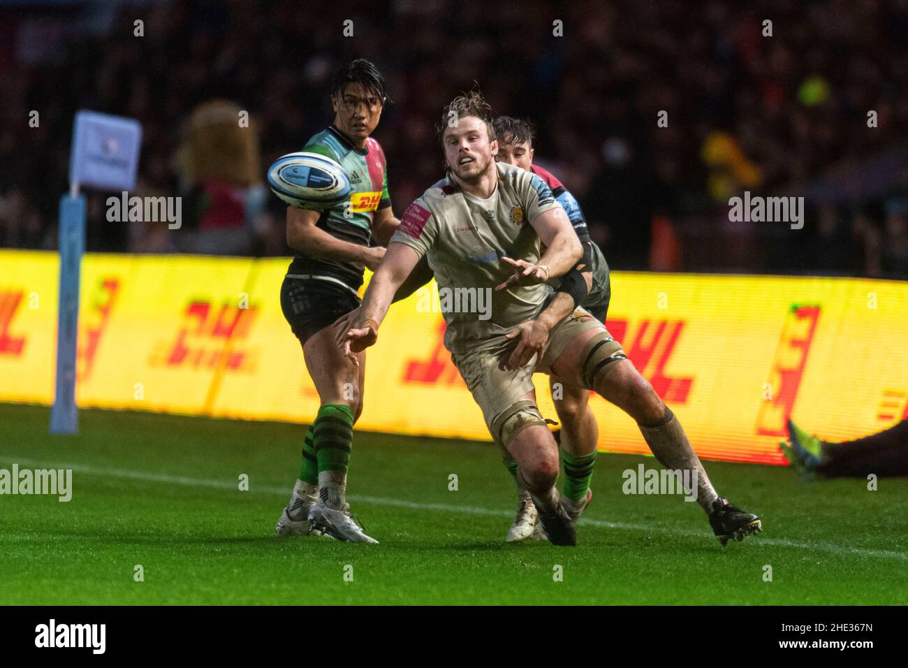 LONDRA, REGNO UNITO. 08th, Jan 2022. È affrontato durante Gallagher Premiership Rugby Round 13 Match tra Harlequins vs Exeter capi allo Stoop Stadium il Sabato 08 Gennaio 2022. LONDRA INGHILTERRA. Credit: Takaimages/Alamy Live News Foto Stock
