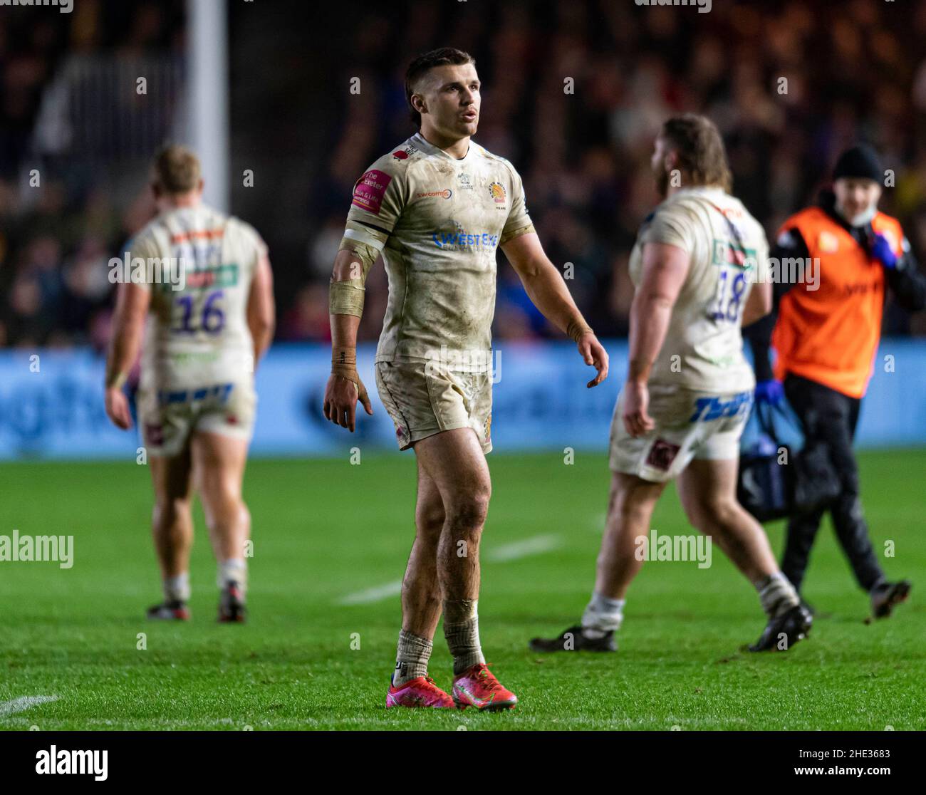 LONDRA, REGNO UNITO. 08th, Jan 2022. Henry Slade Exeter Chiefs durante la Gallagher Premiership Rugby Round 13 Match tra Harlequins vs Exeter Chiefs allo Stoop Stadium il sabato 08 gennaio 2022. LONDRA INGHILTERRA. Credit: Takaimages/Alamy Live News Foto Stock
