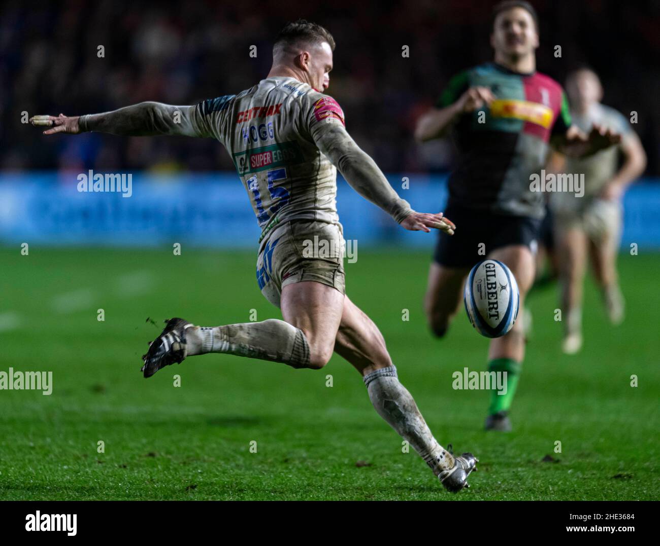 LONDRA, REGNO UNITO. 08th, Jan 2022. Stuart Hogg di Exeter Chiefs in azione durante la Gallagher Premiership Rugby Round 13 Match tra Harlequins vs Exeter Chiefs allo Stoop Stadium sabato 08 gennaio 2022. LONDRA INGHILTERRA. Credit: Takaimages/Alamy Live News Foto Stock