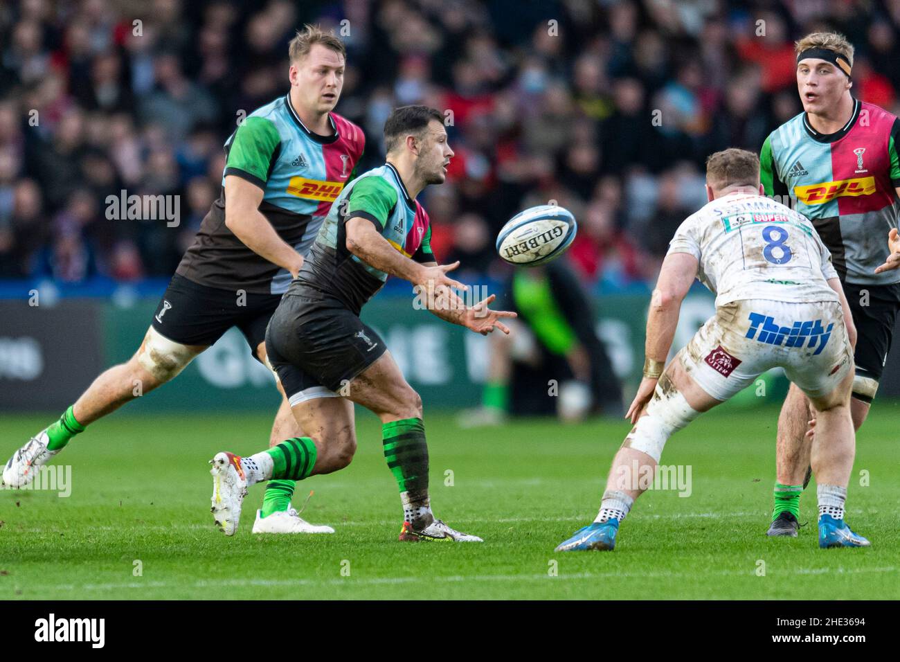 LONDRA, REGNO UNITO. 08th, Jan 2022. Danny Care of Harlequins (centro) in  azione durante la Gallagher Premiership Rugby Round 13 Match tra Harlequins  vs Exeter capi allo Stoop Stadium il sabato 08