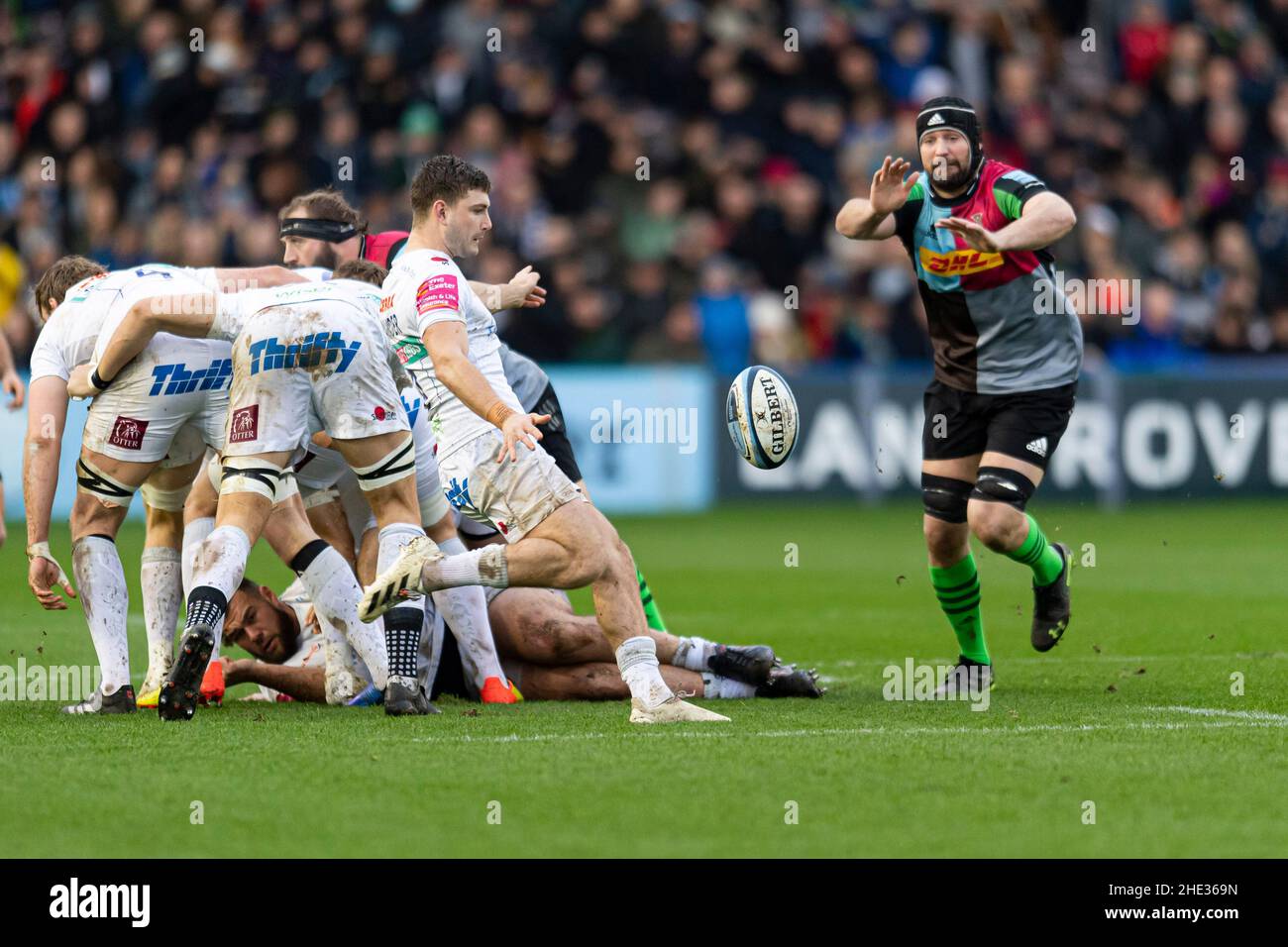 LONDRA, REGNO UNITO. 08th, Jan 2022. Durante la Gallagher Premiership Rugby Round 13 Match tra Harlequins vs Exeter Chiefs allo Stoop Stadium il sabato 08 gennaio 2022. LONDRA INGHILTERRA. Credit: Takaimages/Alamy Live News Foto Stock