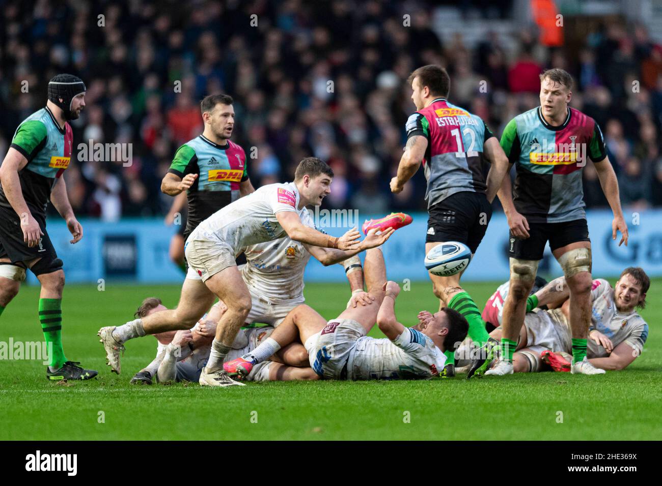 LONDRA, REGNO UNITO. 08th, Jan 2022. Jack Maunder di Exeter Chiefs in azione durante la Gallagher Premiership Rugby Round 13 Match tra Harlequins vs Exeter Chiefs allo Stoop Stadium sabato 08 gennaio 2022. LONDRA INGHILTERRA. Credit: Takaimages/Alamy Live News Foto Stock