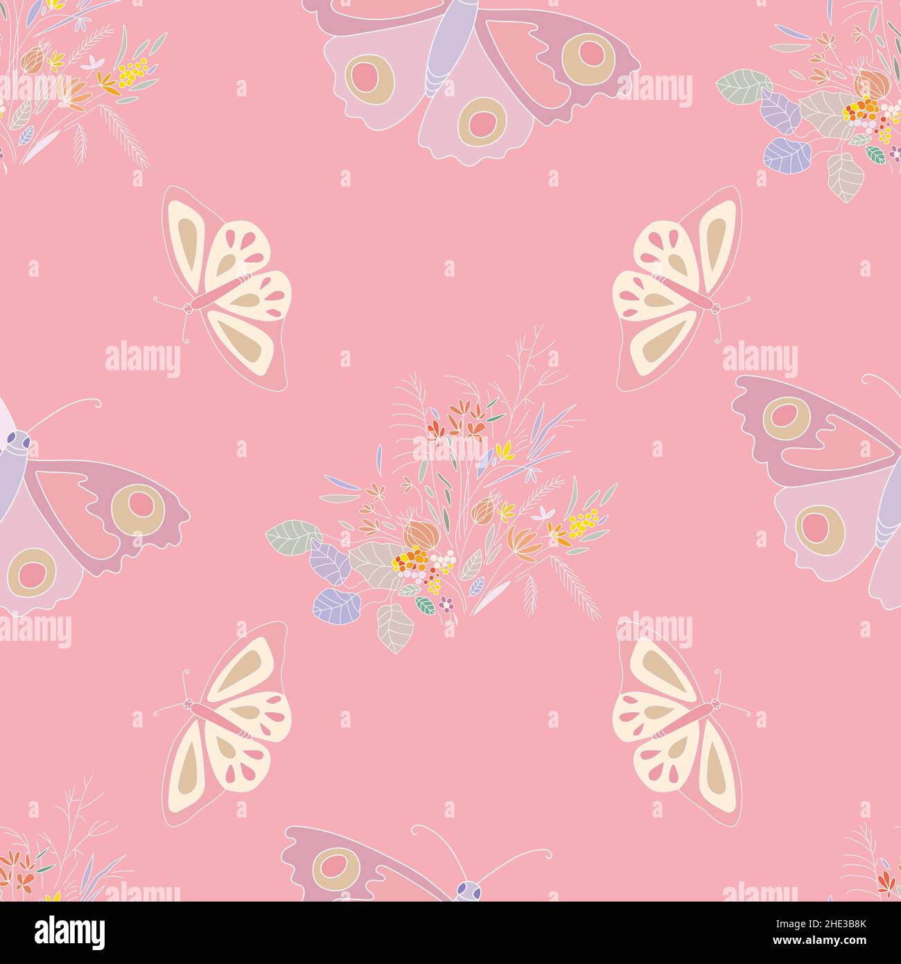 Motivo pastello senza cuciture con farfalla e fiori su sfondo rosa. Illustrazione Vettoriale
