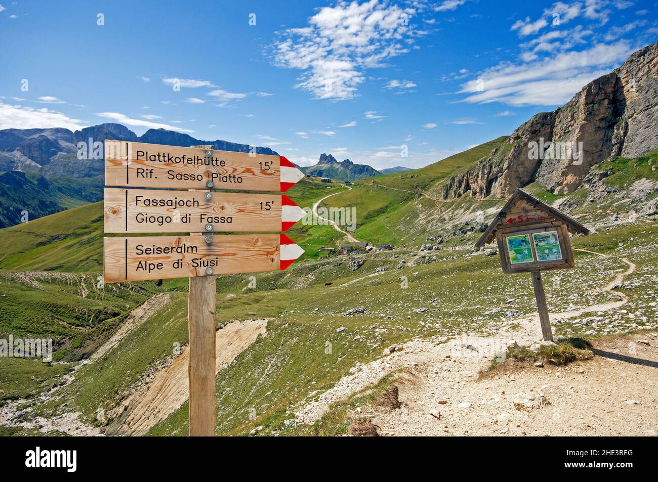 Sentiero in legno lungo Friedrich August verso Giogo di Fassa, Dolomiti, Trentino-Alto Adige, Italia Foto Stock