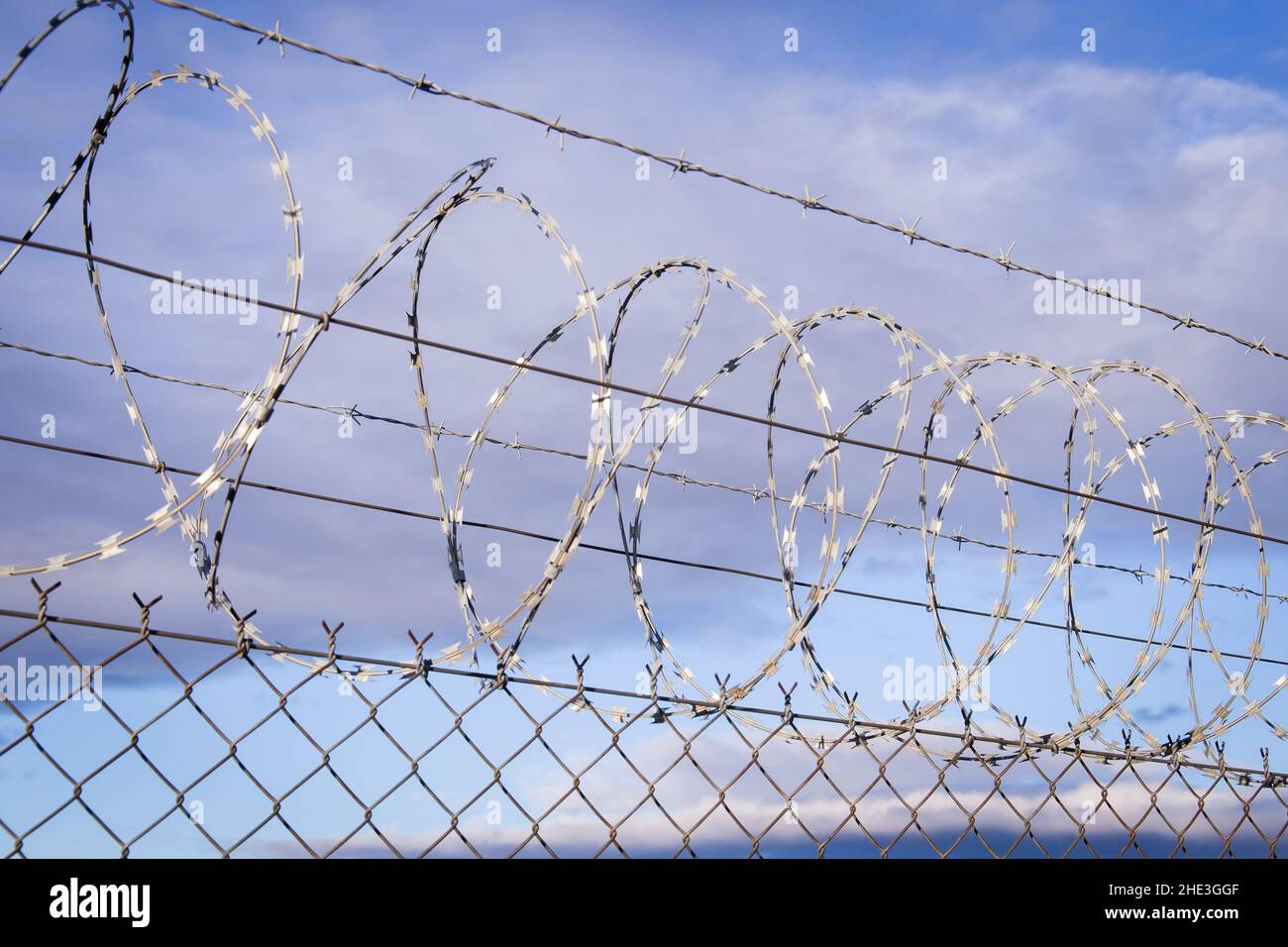 Filo spinato NATO con lame affilate e pericolose montate su una recinzione di filo di pollo al confine dello stato Foto Stock