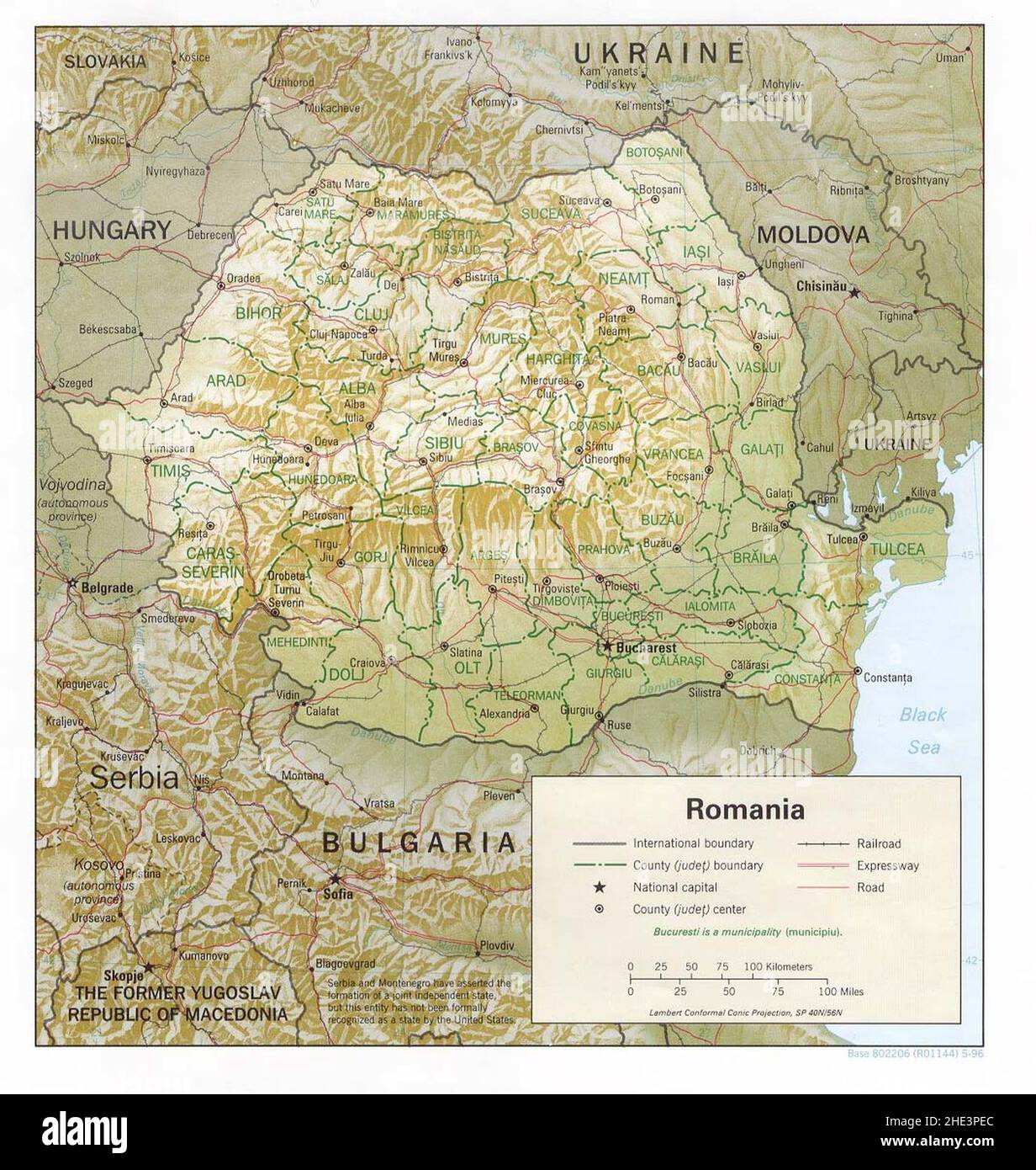 Romania-contee e rilievo ombreggiato. Foto Stock