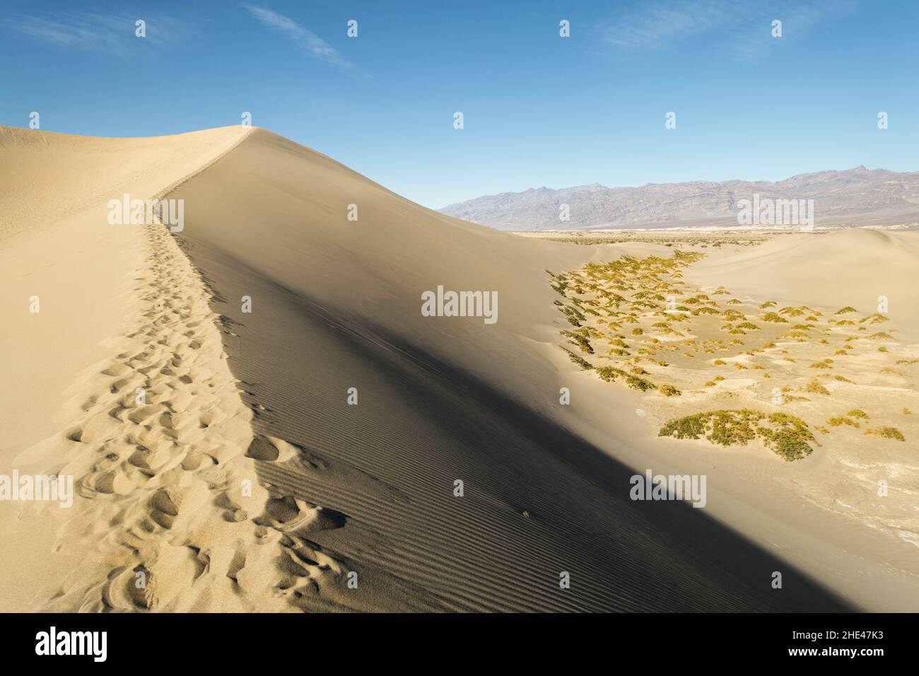 Vista panoramica delle dune di sabbia di Mesquite e dell'arido paesaggio del deserto con Blue Skyline nel Death Valley National Park, California USA Foto Stock