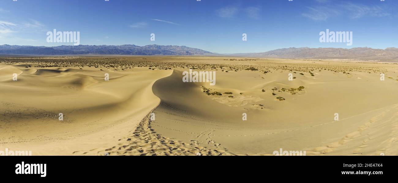 Panorama panoramico delle dune di sabbia di Mesquite e dell'arido paesaggio del deserto con montagne distanti su Horizon nel Death Valley National Park, California USA Foto Stock