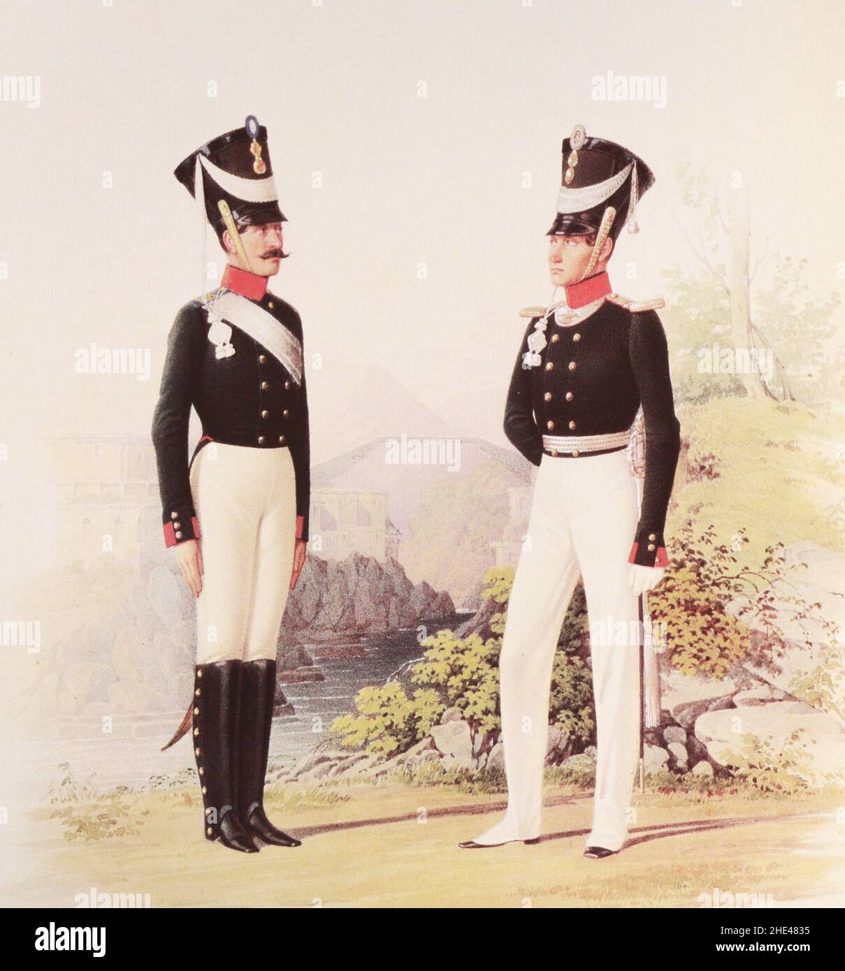 Ufficiale e privato del reggimento di fanteria cabardo dell'Impero Russo nel 1825. Foto Stock