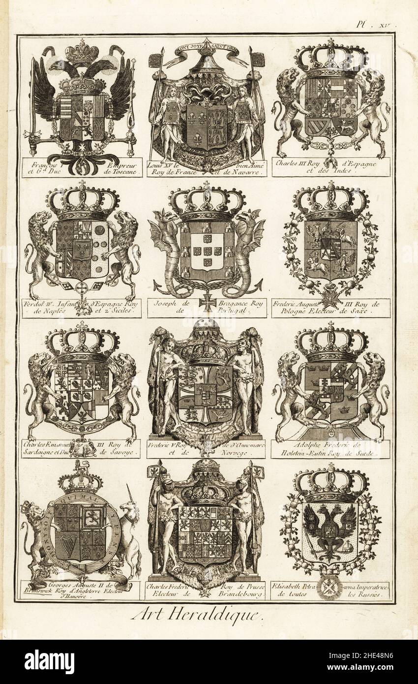 Stemmi con creste e sostenitori di re, regine e imperatori. Armi del Sacro Romano Imperatore Francesco i, Re Luigi XV di Francia, Carlo III di Spagna, Giuseppe di Portogallo, Carlo Emanuele III di Sardegna, Elisabeth Petrovna di Russia, Giorgio II d'Inghilterra, Carlo Federico di Prussia. Incisione copperplate di Robert Benard di Blason ou Art Heraldique, la sezione eraldrica di Denis Diderot e l’Enciclopedie di Jean-Baptiste le Rond d’Alembert, pubblicata da Brisson, David, le Breton e Durand, Parigi, 1763. Foto Stock