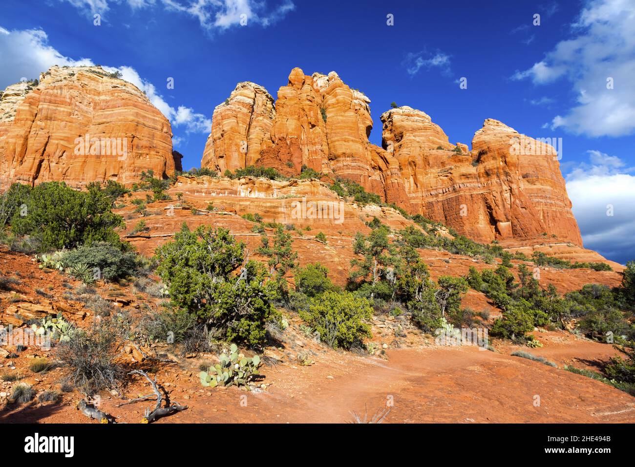 Scenografica Red Rock Formations Desert Landscape View. Cielo blu e nuvole bianche sopra Mountain Top. Bella giornata d'autunno escursioni Sedona, Arizona Stati Uniti d'America Foto Stock