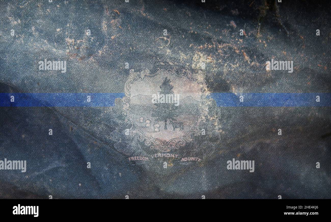 Vista dall'alto della bandiera blu dello stato del Vermont, USA. Bandiera della polizia degli stati Uniti d'America. Bandiera retrò con struttura grunge. Nessun flagpole. Layout piano, des Foto Stock