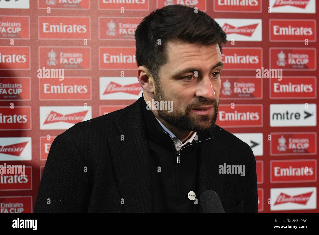 Intervista a Russell Martin manager di Swansea City in Post Match Foto Stock