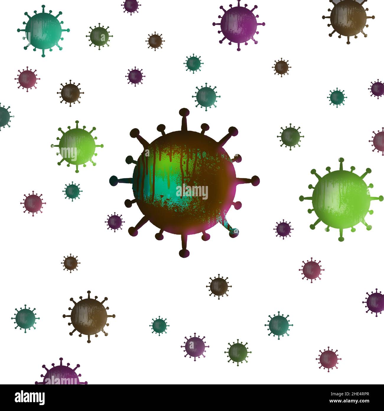 Le versioni colorate delle particelle di Coronavirus sono isolate su sfondo bianco in questa illustrazione da 3-d. Foto Stock