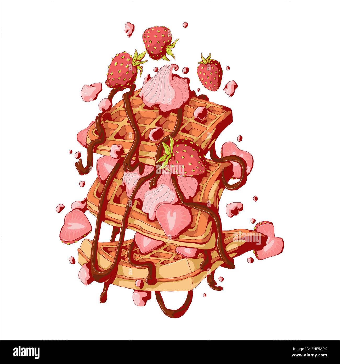 Illustrazione vettoriale disegnata a mano della caduta di cialde viennesi o belghe con fragola, sciroppo al cioccolato e panna montata in stile comix, isolata su p. Illustrazione Vettoriale