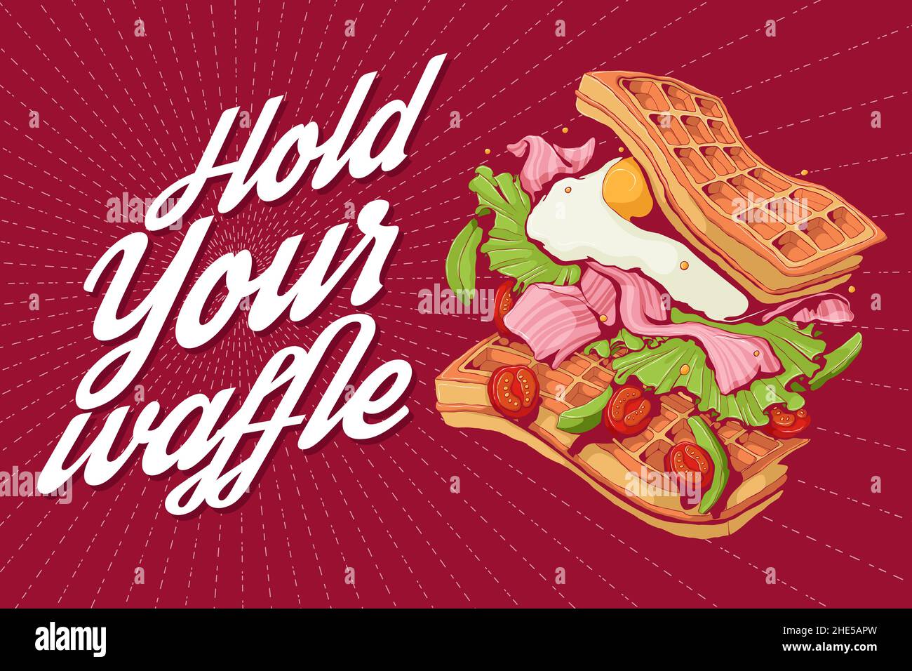 Illustrazione vettoriale disegnata a mano di waffle belgi o viennesi cadenti con omelette, pancetta, insalata verde, avocado a fette e pomodori ciliegini con preventivo - Illustrazione Vettoriale