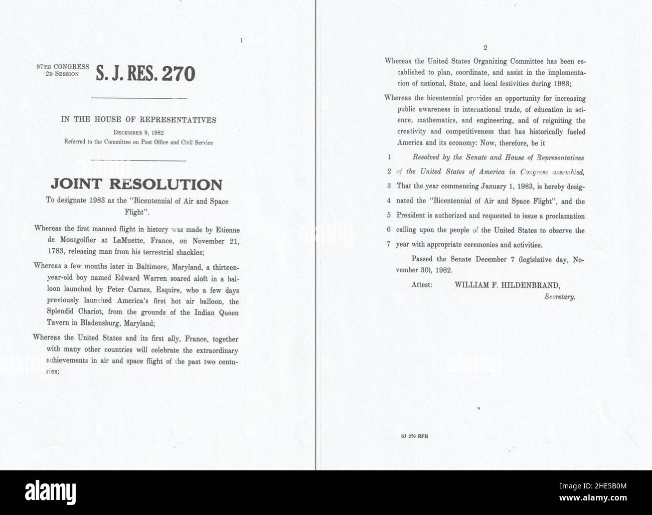 S.J. Risoluzione 270 che designa il 1983 come ''Bicentenario del volo aereo e spaziale'' 1982. Foto Stock
