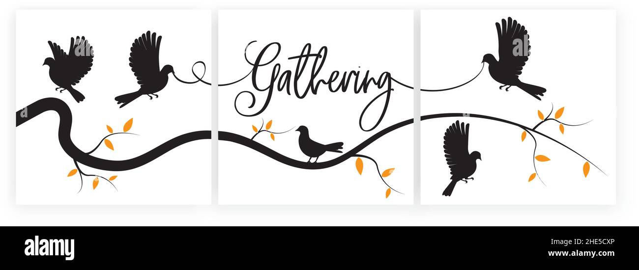 Parola di raccolta, uccelli volanti su ramo, vettore. Design minimalista in tre pezzi. Immagini di silhouette di uccelli isolate su bianco Illustrazione Vettoriale
