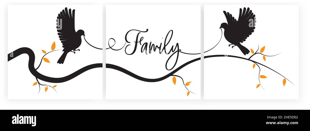 Parola di famiglia, uccelli volanti sul ramo, vettore. Design minimalista in tre pezzi. Immagini di silhouette di uccelli isolate su sfondo bianco Illustrazione Vettoriale