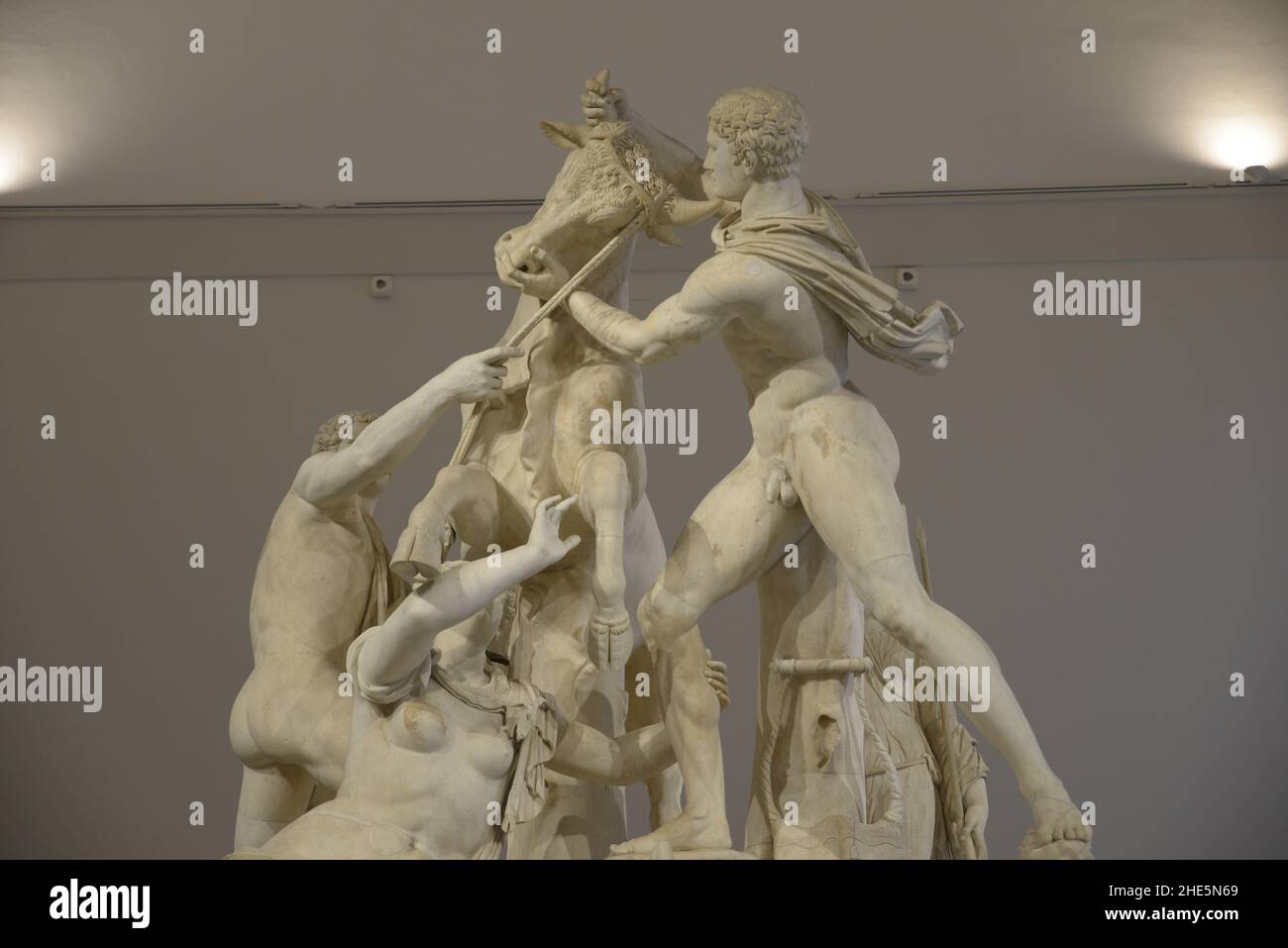 Napoli, Italia. 5th Jan 2022. La scultura del toro Farnese al Museo Archeologico Nazionale di Napoli. Il toro Farnese è una scultura massiccia attribuita agli artisti rodiani Apollonio di Tralles è costituita dalla più grande scultura singola mai recuperata dall'antichità. L'originale prodotto a Rodi fu trasportato a Roma. Una copia romana della scultura fu trovata nel 1546 nelle Terme di Caracalla a Roma. Oggi si trova presso il Museo Archeologico Nazionale di Napoli, nel sud dell'Italia. (Credit Image: © Mariano Montella/Pacific Press via ZUMA Press Wire) Foto Stock