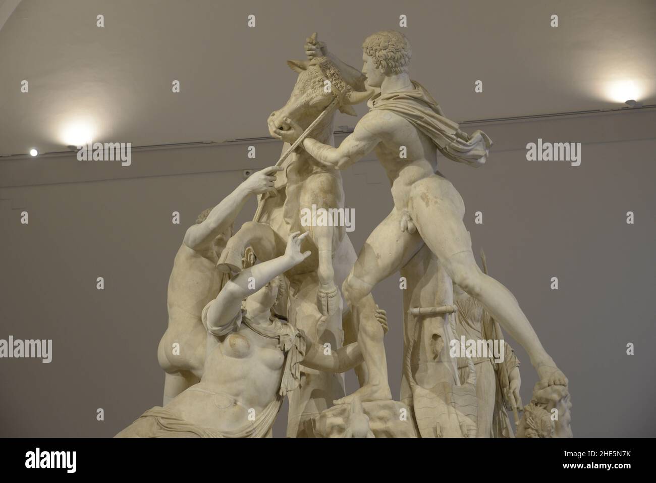 Napoli, Italia. 5th Jan 2022. La scultura del toro Farnese al Museo Archeologico Nazionale di Napoli. Il toro Farnese è una scultura massiccia attribuita agli artisti rodiani Apollonio di Tralles è costituita dalla più grande scultura singola mai recuperata dall'antichità. L'originale prodotto a Rodi fu trasportato a Roma. Una copia romana della scultura fu trovata nel 1546 nelle Terme di Caracalla a Roma. Oggi si trova presso il Museo Archeologico Nazionale di Napoli, nel sud dell'Italia. (Credit Image: © Mariano Montella/Pacific Press via ZUMA Press Wire) Foto Stock