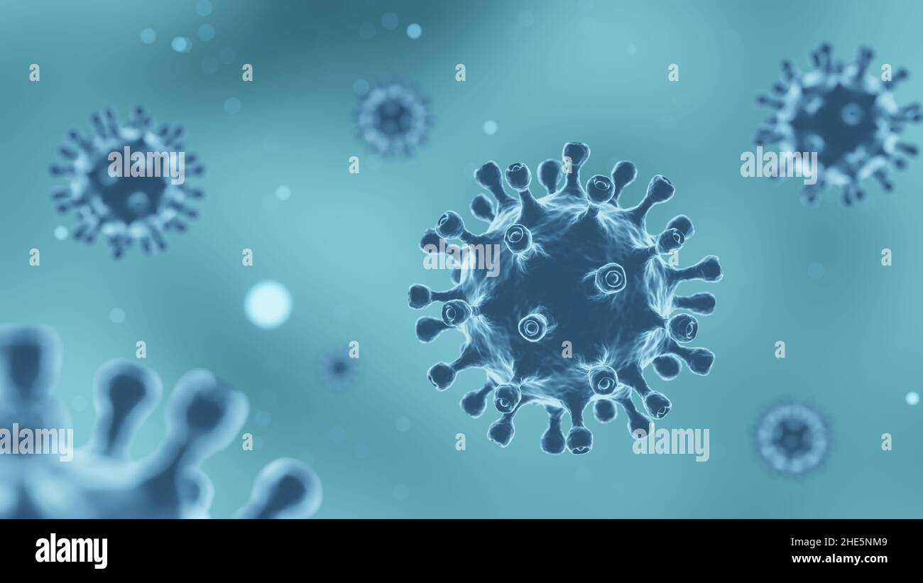 COVID-19 il virus di Corona con la glicoproteina di picco galleggia sull'aria. Sfondo blu . 3D rendering . Foto Stock