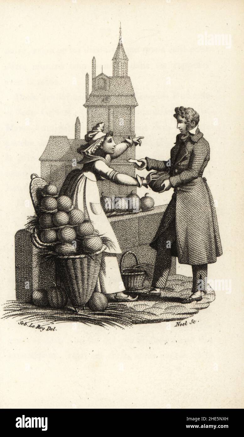 Un venditore di frutta che ha dato un melone a Toussaint Richard, il guerriero di Maria Antonietta, 1793. La donna ha rifiutato il pagamento quando ha imparato che il cliente era la regina imprigionata. Incisione su copperplate di Noel dopo un'illustrazione di Sebastien Leroy di Marie Antoinette, Archiduchesse d'Autriche, Reine de France, Chez le Fuel, Parigi, 1815. Foto Stock